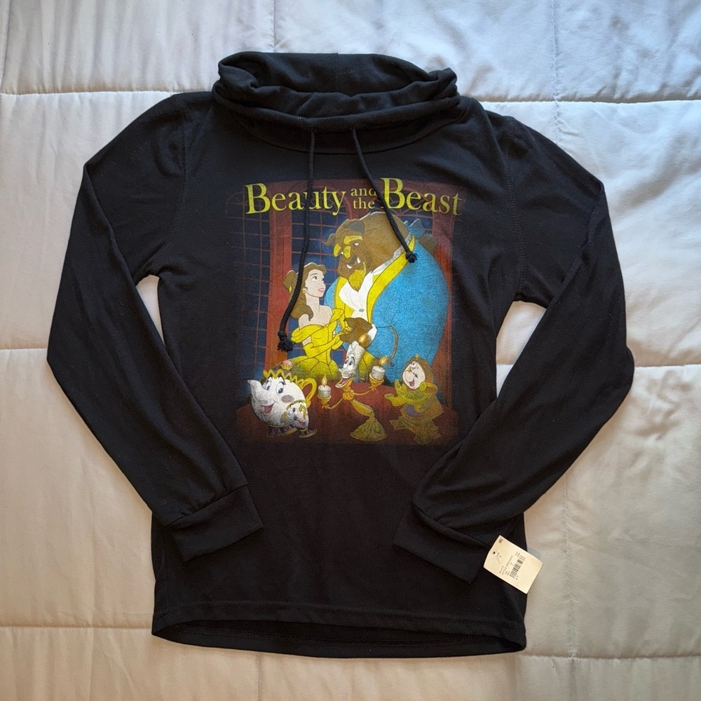 Beauty and the Beast Black Cowl Neck Graphic Long Sleeve Tee Size Small